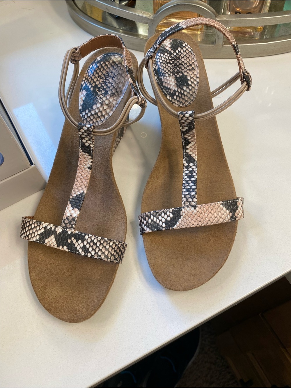 Style & Co. Snake-Print T-Strap Sandals in Beige, Black and Pink